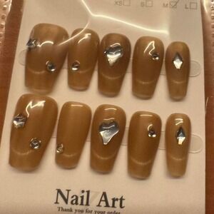 Press on Nails Brown‎ Gold Accent Nail Art Manicure Medium Coffin New